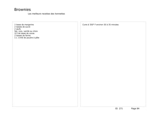 Brownies
              Les meilleurs recettes des lionnettes




1 tasse de margarine                                  Cuire à 350° F environ 30 à 35 minutes
2 tasses de sucre
2 œufs
Sel, noix, vanille au choix
2/3 de tasse de cocoa
2 tasses de farine
1 c. à thé de poudre à pâte




                                                                                        ID 271   Page 84
 