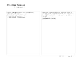 Brownies délicieux
              Si on s'y mettait




4 tasses de Rice Krispies écrasé (pour donner 2 tasses)   Mélanger les Rice Krispies, les pépites de chocolat, les noix de
1 bte. de lait Eagle Brand                                coco et les noix de grenoble. Ajouter ensuite le lait Eagle Brand.
1 tasse de pépites de chocolat mi-sucré                   Cuire à 350° F pendant 30 minutes ou jusqu'à ce que le dessus
½ tasse de noix de coco râpée                             soit doré.
½ tasse de noix de grenoble hachées
                                                          France Bouchard - Infirmière




                                                                                               ID 442            Page 85
 