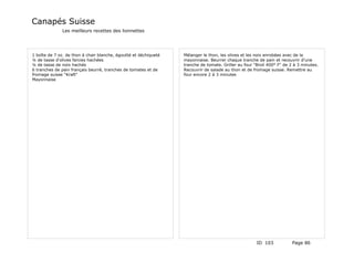 Canapés Suisse
              Les meilleurs recettes des lionnettes




1 boîte de 7 oz. de thon à chair blanche, égoutté et déchiqueté   Mélanger le thon, les olives et les noix enrobées avec de la
¼ de tasse d'olives farcies hachées                               mayonnaise. Beurrer chaque tranche de pain et recouvrir d'une
¼ de tasse de noix hachés                                         tranche de tomate. Griller au four "Broil 400° F" de 2 à 3 minutes.
6 tranches de pain français beurré, tranches de tomates et de     Recouvrir de salade au thon et de fromage suisse. Remettre au
fromage suisse "Kraft"                                            four encore 2 à 3 minutes
Mayonnaise




                                                                                                      ID 103            Page 86
 