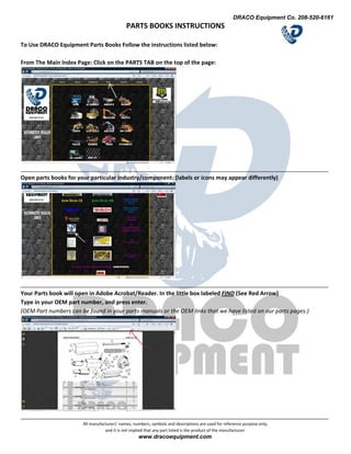 PARTS BOOKS INSTRUCTIONS 
 
To Use DRACO Equipment Parts Books Follow the instructions listed below: 
 
From The Main Index Page: Click on the PARTS TAB on the top of the page: 
 
__________________________________________________________________________________________________ 
Open parts books for your particular industry/component: (labels or icons may appear differently) 
 
__________________________________________________________________________________________________ 
Your Parts book will open in Adobe Acrobat/Reader. In the little box labeled FIND (See Red Arrow) 
Type in your OEM part number, and press enter.  
(OEM Part numbers can be found in your parts manuals or the OEM links that we have listed on our parts pages.) 
 
__________________________________________________________________________________________________ 
All manufacturers’ names, numbers, symbols and descriptions are used for reference purpose only, 
and it is not implied that any part listed is the product of the manufacturer. 
DRACO Equipment Co. 208-520-6161
www.dracoequipment.com
 