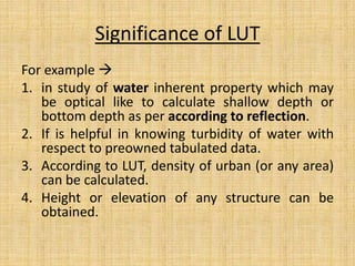 Significance of LUT
For example 
1. in study of water inherent property which may
be optical like to calculate shallow depth or
bottom depth as per according to reflection.
2. If is helpful in knowing turbidity of water with
respect to preowned tabulated data.
3. According to LUT, density of urban (or any area)
can be calculated.
4. Height or elevation of any structure can be
obtained.
 