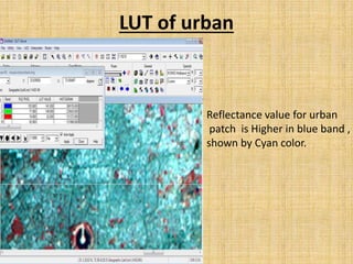 LUT of urban
Reflectance value for urban
patch is Higher in blue band ,
shown by Cyan color.
 
