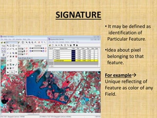 SIGNATURE
• It may be defined as
identification of
Particular Feature.
•Idea about pixel
belonging to that
feature.
For example
Unique reflecting of
Feature as color of any
Field.
 