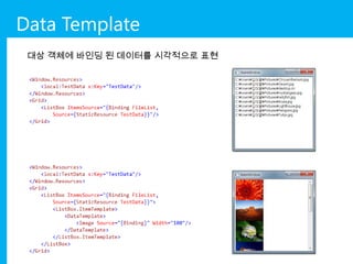 Data Template
 대상 객체에 바인딩 된 데이터를 시각적으로 표현
 