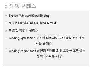 바인딩 클래스
• System.Windows.Data.Binding

• 두 개의 속성을 이용해 채널을 연결

• 마크업 확장식 클래스

• BindingExpression : 소스와 대상사이의 연결을 유지관리
                   하는 클래스

• BindingOperations : 바인딩 객체들을 참조하여 조작하는
                    정적메소드를 제공.
 