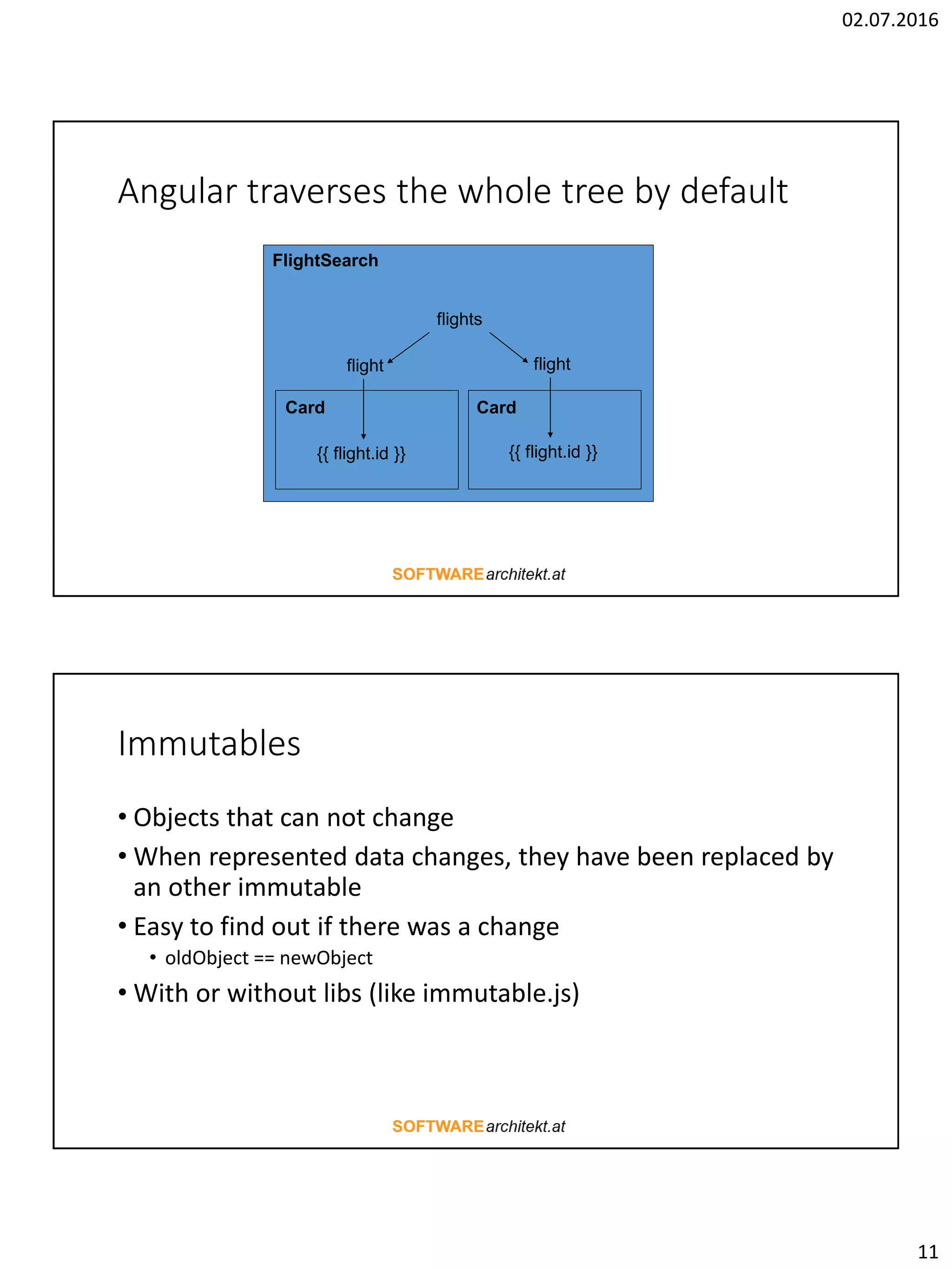 02.07.2016 11 Angular traverses the whole tree by default flights flight flight {{ flight.id }} {{ flight.id }} FlightSearch Card Card Immutables • Objects that can not change • When represented data changes, they have been replaced by an other immutable • Easy to find out if there was a change • oldObject == newObject • With or without libs (like immutable.js) 