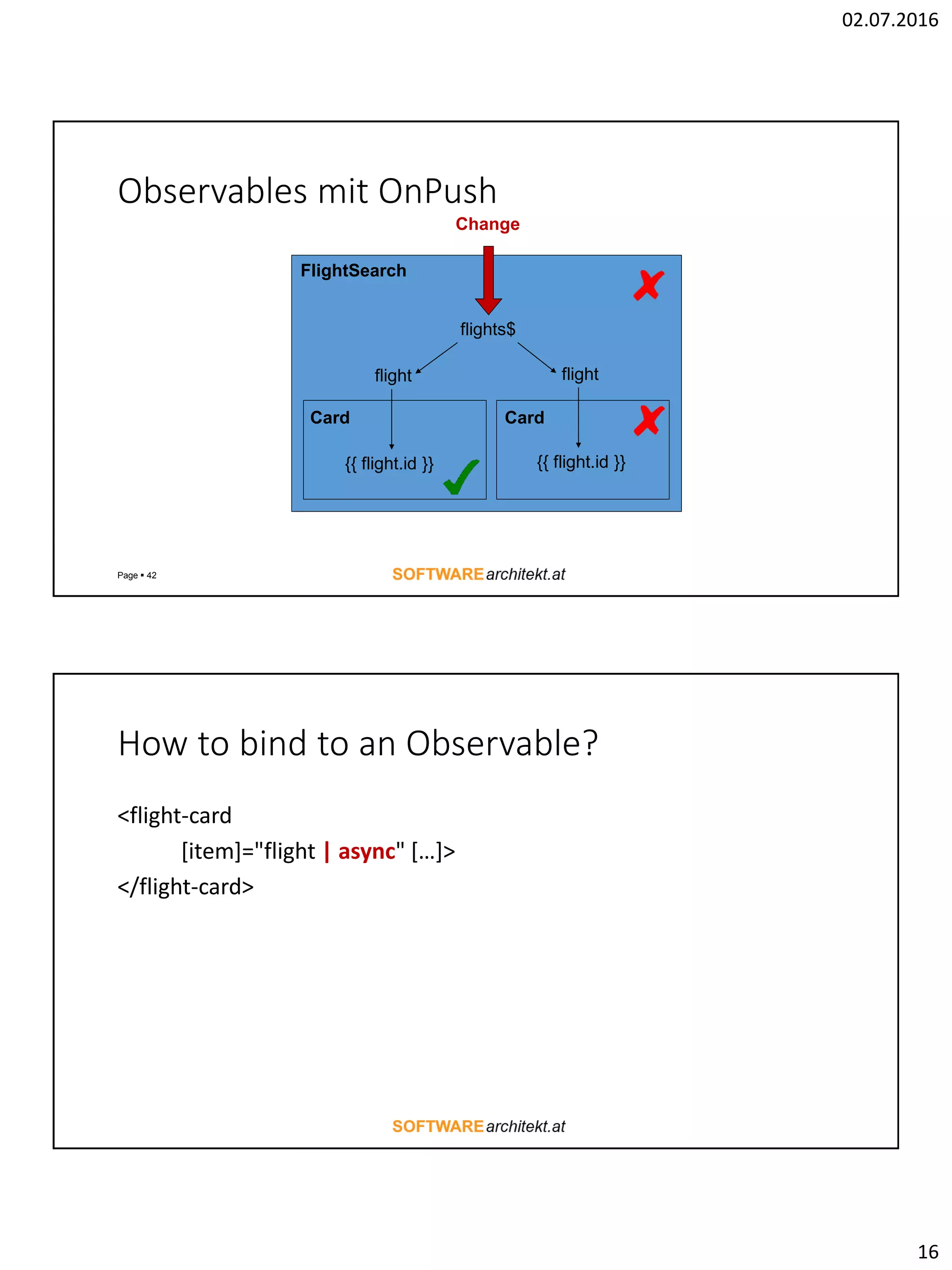 02.07.2016 16 Observables mit OnPush Page  42 flights$ flight flight {{ flight.id }} {{ flight.id }} FlightSearch Card Change Card How to bind to an Observable? <flight-card [item]="flight | async" […]> </flight-card> 