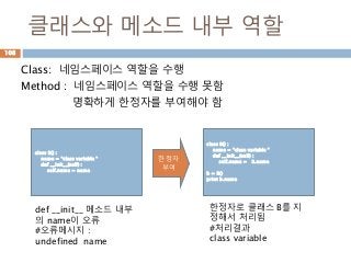 클래스와 메소드 내부 역할
Class: 네임스페이스 역할을 수행
Method : 네임스페이스 역할을 수행 못함
명확하게 한정자를 부여해야 함
class B() :
name = "class variable "
def __init__(self) :
self.name = name
def __init__ 메소드 내부
의 name이 오류
#오류메시지 :
undefined name
class B() :
name = "class variable "
def __init__(self) :
self.name = B.name
b = B()
print b.name
한정자로 클래스 B를 지
정해서 처리됨
#처리결과
class variable
한정자
부여
108
 
