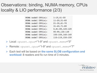Observations: binding, NUMA memory, CPUs
locality & LIO performance (2/3)
 Local: cpuset.cpus=”1-9″ and cpuset.mems=”0″
 Remote: cpuset.cpus=”1-9″ and cpuset.mems=”7″
 Each test will be based on the same SLOB configuration and
workload: 8 readers and fix run time of 3 minutes.
 