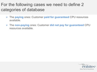 For the following cases we need to define 2
categories of database
 The paying ones: Customer paid for guaranteed CPU resources
available.
 The non-paying ones: Customer did not pay for guaranteed CPU
resources available.
 