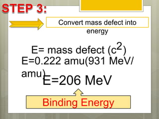 Convert mass defect into
energy
E= mass defect (c2)
E=0.222 amu(931 MeV/
amu)
E=206 MeV
Binding Energy
 