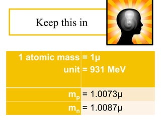 Keep this in
1 atomic mass
unit
= 1µ
= 931 MeV
mp = 1.0073µ
mn = 1.0087µ
 