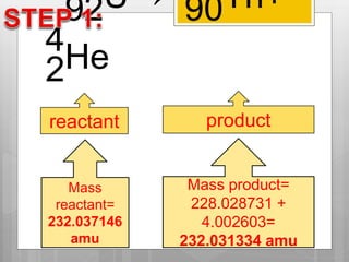 92U→ 90Th+
2
4
He
reactant product
Mass
reactant=
232.037146
amu
Mass product=
228.028731 +
4.002603=
232.031334 amu
 