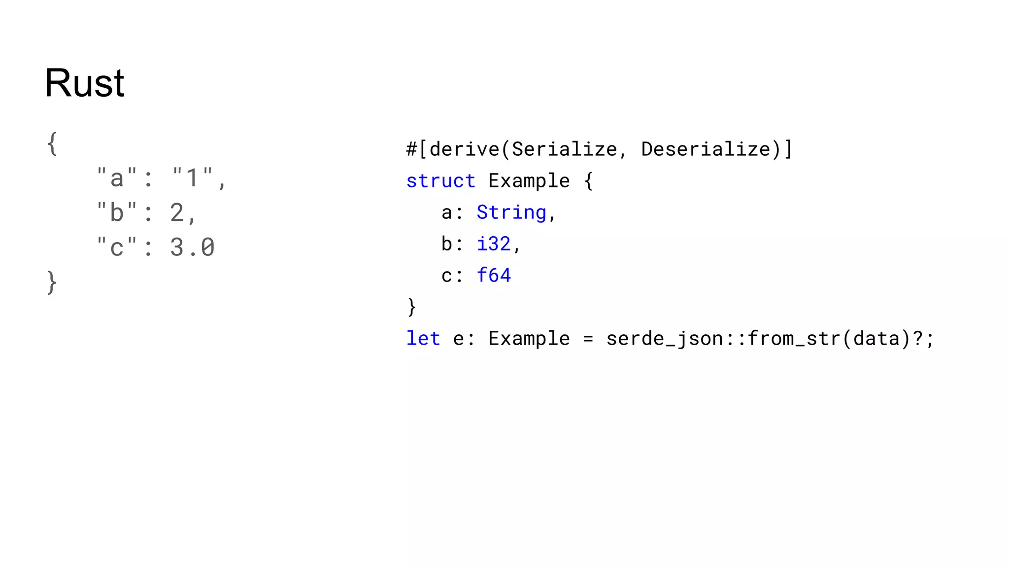 Rust
{
"a": "1",
"b": 2,
"c": 3.0
}
#[derive(Serialize, Deserialize)]
struct Example {
a: String,
b: i32,
c: f64
}
let e: Example = serde_json::from_str(data)?;
 