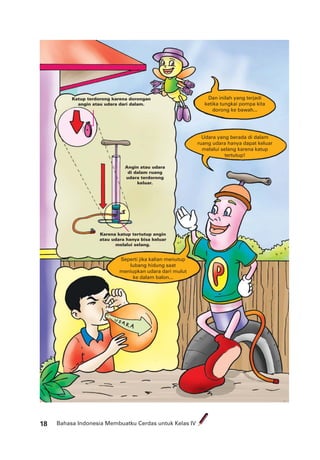 Bahasa Indonesia Membuatku Cerdas untuk Kelas IV18
Dan inilah yang terjadi
ketika tungkai pompa kita
dorong ke bawah...
Seperti jika kalian menutup
lubang hidung saat
meniupkan udara dari mulut
ke dalam balon...
Udara yang berada di dalam
ruang udara hanya dapat keluar
melalui selang karena katup
tertutup!
Angin atau udara
di dalam ruang
udara terdorong
keluar.
Karena katup tertutup angin
atau udara hanya bisa keluar
melalui selang.
Katup terdorong karena dorongan
angin atau udara dari dalam.
 