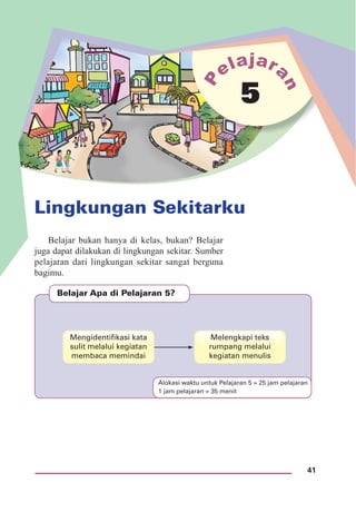 41
Lingkungan Sekitarku
5
Belajar Apa di Pelajaran 5?
Mengidentiﬁkasi kata
sulit melalui kegiatan
membaca memindai
Melengkapi teks
rumpang melalui
kegiatan menulis
Belajar bukan hanya di kelas, bukan? Belajar
juga dapat dilakukan di lingkungan sekitar. Sumber
pelajaran dari lingkungan sekitar sangat berguna
bagimu.
Alokasi waktu untuk Pelajaran 5 = 25 jam pelajaran
1 jam pelajaran = 35 menit
 