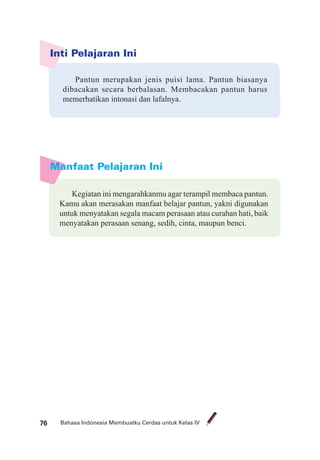 Bahasa Indonesia Membuatku Cerdas untuk Kelas IV76
Inti Pelajaran Ini
Pantun merupakan jenis puisi lama. Pantun biasanya
dibacakan secara berbalasan. Membacakan pantun harus
memerhatikan intonasi dan lafalnya.
Manfaat Pelajaran Ini
Kegiatan ini mengarahkanmu agar terampil membaca pantun.
Kamu akan merasakan manfaat belajar pantun, yakni digunakan
untuk menyatakan segala macam perasaan atau curahan hati, baik
menyatakan perasaan senang, sedih, cinta, maupun benci.
 