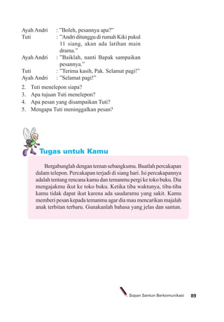 89Sopan Santun Berkomunikasi
Tugas untuk Kamu
Ayah Andri : ”Boleh, pesannya apa?”
Tuti : ”Andri ditunggu di rumah Kiki pukul
11 siang, akan ada latihan main
drama.”
Ayah Andri : ”Baiklah, nanti Bapak sampaikan
pesannya.”
Tuti : ”Terima kasih, Pak. Selamat pagi!”
Ayah Andri : ”Selamat pagi!”
2. Tuti menelepon siapa?
3. Apa tujuan Tuti menelepon?
4. Apa pesan yang disampaikan Tuti?
5. Mengapa Tuti meninggalkan pesan?
Bergabunglah dengan teman sebangkumu. Buatlah percakapan
dalam telepon. Percakapan terjadi di siang hari. Isi percakapannya
adalah tentang rencana kamu dan temanmu pergi ke toko buku. Dia
mengajakmu ikut ke toko buku. Ketika tiba waktunya, tiba-tiba
kamu tidak dapat ikut karena ada saudaramu yang sakit. Kamu
memberi pesan kepada temanmu agar dia mau mencarikan majalah
anak terbitan terbaru. Gunakanlah bahasa yang jelas dan santun.
 