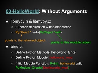 00-HelloWorld: Without Arguments
● libmypy.h & libmypy.c:
○ Function declaration & Implementation
○ PyObject * hello(PyObject *self)
● bind.c:
○ Define Python Methods: helloworld_funcs
○ Define Python Module: helloworld_mod
○ Initial Module Function: PyInit_helloworld calls
PyModule_Create(&helloworld_mod)
points to the returned object
points to this module object
 