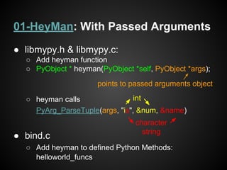 01-HeyMan: With Passed Arguments
● libmypy.h & libmypy.c:
○ Add heyman function
○ PyObject * heyman(PyObject *self, PyObject *args);
○ heyman calls
PyArg_ParseTuple(args, "is", &num, &name)
● bind.c
○ Add heyman to defined Python Methods:
helloworld_funcs
points to passed arguments object
int
character
string
 