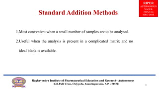 RIPER
AUTONOMOUS
NACC&
NBA(UG)
SIRO-DSIR
Raghavendra Institute of Pharmaceutical Education and Research- Autonomous
K.R.Palli Cross, Chiyyedu, Ananthapuramu, A.P. - 515721
Standard Addition Methods
1.Most convenient when a small number of samples are to be analysed.
2.Useful when the analysis is present in a complicated matrix and no
ideal blank is available.
20
 