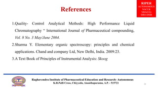 References
RIPER
AUTONOMOUS
NACC&
NBA(UG)
SIRO-DSIR
1.Quality- Control Analytical Methods: High Performance Liquid
Chromatography “ International Journal of Pharmaceutical compounding,
Vol. 8 No. 3 May/June 2004.
2.Sharma Y. Elementary organic spectroscopy: principles and chemical
applications. Chand and company Ltd, New Delhi, India. 2009:23.
3.A Text Book of Principles of Instrumental Analysis: Skoog
Raghavendra Institute of Pharmaceutical Education and Research- Autonomous
K.R.Palli Cross, Chiyyedu, Ananthapuramu, A.P. - 515721 24
 