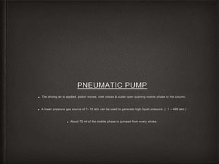 PNEUMATIC PUMP
■ The driving air is applied, piston moves, inlet closes & outlet open pushing mobile phase to the column.
■ A lower pressure gas source of 1- 10 atm can be used to generate high liquid pressure .( 1 – 400 atm )
■ About 70 ml of the mobile phase is pumped from every stroke.
 