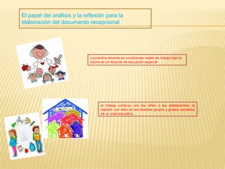 El papel del análisis y la reflexión para la
elaboración del documento recepcional
La práctica docente en condiciones reales de trabajo bajo la
tutoría de un docente de educación especial
el trabajo continuo con los niños o los adolescentes, la
relación con ellos en los diversos grupos y grados escolares
de un nivel educativo
 