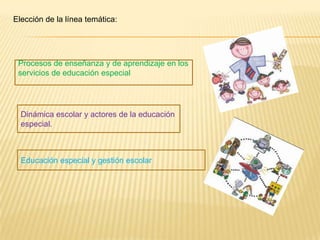 Educación especial y gestión escolar
Dinámica escolar y actores de la educación
especial.
Procesos de enseñanza y de aprendizaje en los
servicios de educación especial
Elección de la línea temática:
 
