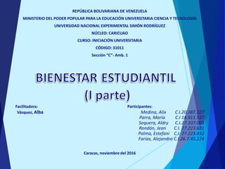 REPÚBLICA BOLIVARIANA DE VENEZUELA
MINISTERIO DEL PODER POPULAR PARA LA EDUCACIÓN UNIVERSITARIA CIENCIA Y TECNOLOGÍA
UNIVERSIDAD NACIONAL EXPERIMENTAL SIMÓN RODRÍGUEZ
NÚCLEO: CARICUAO
CURSO: INICIACIÓN UNIVERSITARIA
CÓDIGO: 31011
Sección “C”- Amb. 1
Facilitadora: Participantes:
Vásquez, Alba Medina, Alix C.I.20.287.327
Parra, María C.I 18.911.537
Sequera, Aldry C.I.27.107.003
Rondón, Jean C.I. 27.223.681
Palma, Estefani C.I. 27.223.452
Farías, Alejandro C.I.26.7.45.224
Caracas, noviembre del 2016
 