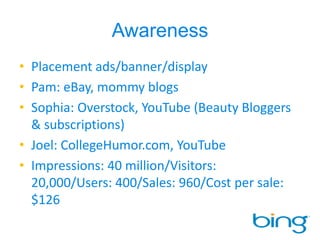 People associate small increments with savingsAids in transparencyAllocate Cashback earnings towards personal savings planStreamline Cashback operations 	– Simplify and unify appearance and operationLink Bing accounts to social networking sites Use Facebook Connect as bing loginAllow for greater levels of profile customization