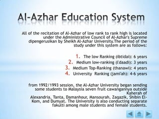All of the recitation of Al-Azhar of low rank to rank high is located
under the Administrative Council of Al-Azhar's Supreme
dipengerusikan by Sheikh Al-Azhar University.The period of the
study under this system are as follows:
1. The low Ranking (ibtidai): 6 years
2. Medium low-ranking (l'daadi): 3 years
3. Medium Top-Ranking (thanawi): 4 years
4. University Ranking (jami'ah): 4-6 years
from 1992/1993 session, the Al-Azhar University began sending
some students to Malaysia seven fruit cawangannya outside
Kaherah of
Alexandria, Tanta, Damanhour, Mansourah, Zaqazik, Shibin El-
Kom, and Dumyat. The University is also conducting separate
fakulti among male students and female students.
 