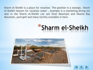 *Sharm el-Sheikh
Sharm el-Sheikh is a place for vocation. The position is a stategic. Sharm
el-Sheikh heaven for vocation water , example is a snorkeling,diving etc
also in the Sharm el-Sheikh can see Sinai Mountain and Naama Bay
Mountain, yard golf and many facility available in here .
 