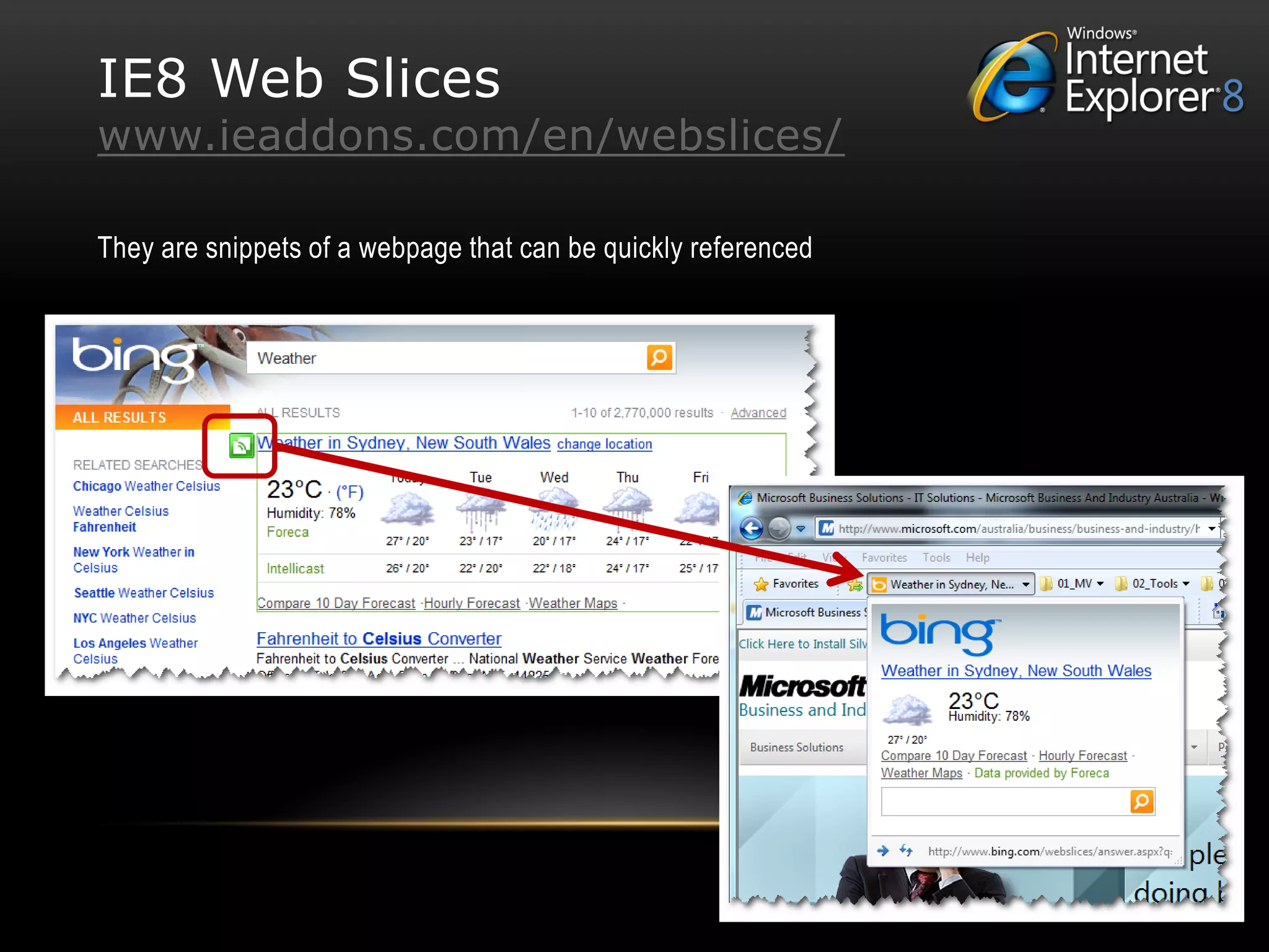 IE8 Web Slices
www.ieaddons.com/en/webslices/

They are snippets of a webpage that can be quickly referenced
 