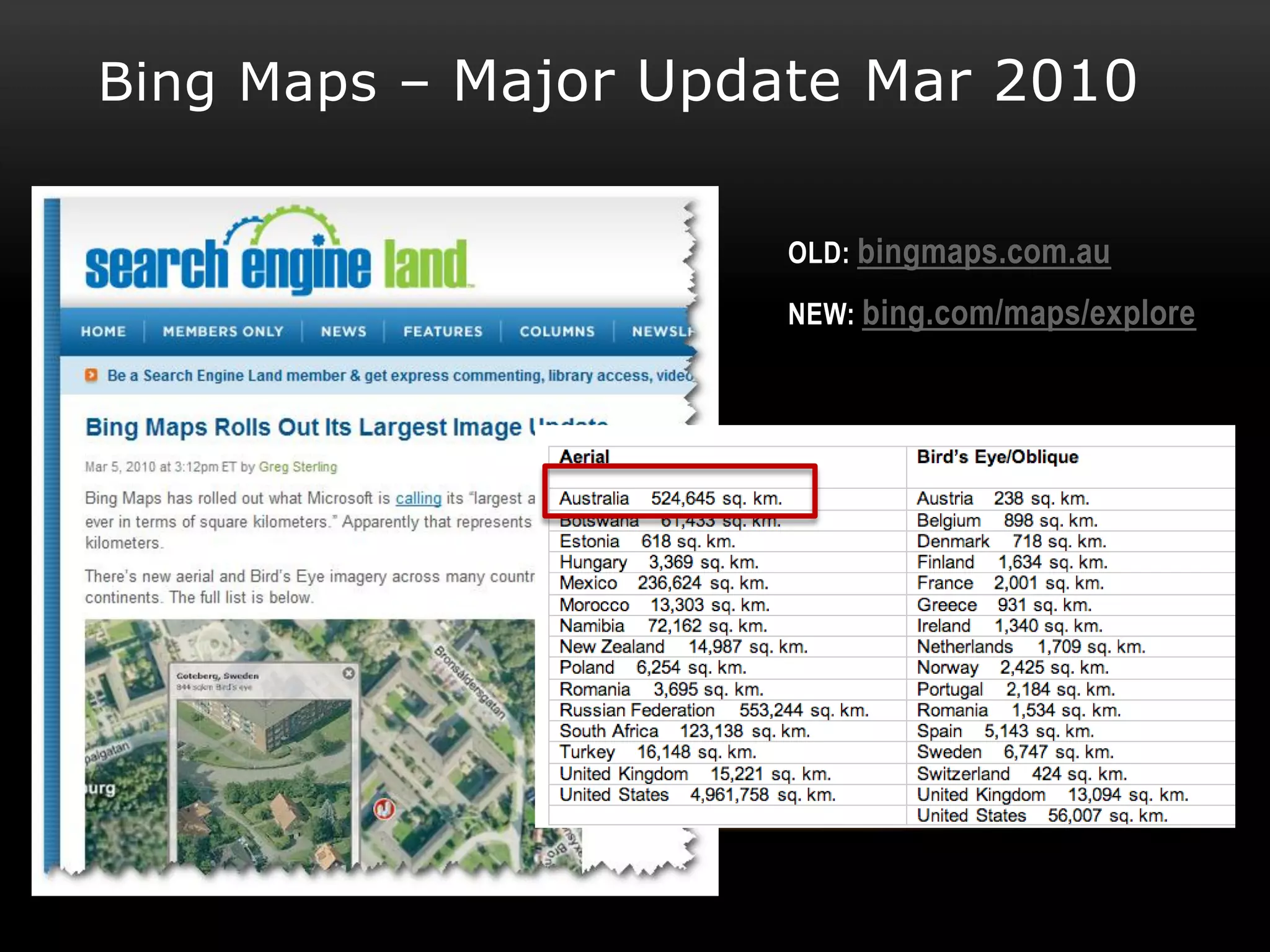 Bing Maps – Major Update Mar 2010


                     OLD: bingmaps.com.au

                     NEW: bing.com/maps/explore
 