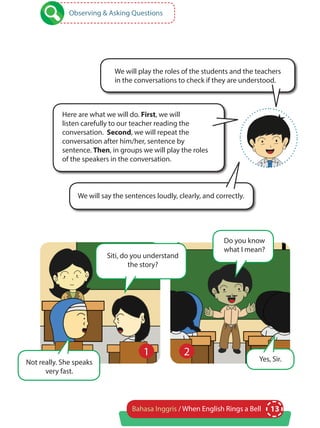 13Bahasa Inggris / When English Rings a Bell
We will play the roles of the students and the teachers
in the conversations to check if they are understood.
Here are what we will do. First, we will
listen carefully to our teacher reading the
conversation. Second, we will repeat the
conversation after him/her, sentence by
sentence. Then, in groups we will play the roles
of the speakers in the conversation.
We will say the sentences loudly, clearly, and correctly.
Observing & Asking Questions
Siti, do you understand
the story?
Do you know
what I mean?
Not really. She speaks
very fast.
Yes, Sir.
1 2
 
