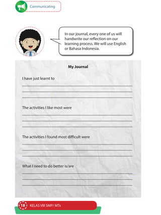 18 KELAS VIII SMP/ MTs
My Journal
I have just learnt to
______________________________________________________
______________________________________________________
______________________________________________________
The activities I like most were
______________________________________________________
______________________________________________________
______________________________________________________
The activities I found most difficult were
______________________________________________________
______________________________________________________
______________________________________________________
What I need to do better is/are
______________________________________________________
______________________________________________________
______________________________________________________
In our journal, every one of us will
handwrite our reflection on our
learning process. We will use English
or Bahasa Indonesia.
Communicating
 