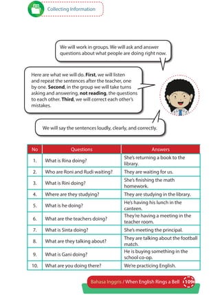 109Bahasa Inggris / When English Rings a Bell
No Questions Answers
1. What is Rina doing?
She’s returning a book to the
library.
2. Who are Roni and Rudi waiting? They are waiting for us.
3. What is Rini doing?
She’s finishing the math
homework.
4. Where are they studying? They are studying in the library.
5. What is he doing?
He’s having his lunch in the
canteen.
6. What are the teachers doing?
They’re having a meeting in the
teacher room.
7. What is Sinta doing? She’s meeting the principal.
8. What are they talking about?
They are talking about the football
match.
9. What is Gani doing?
He is buying something in the
school co-op.
10. What are you doing there? We’re practicing English.
Collecting Information
We will work in groups. We will ask and answer
questions about what people are doing right now.
Here are what we will do. First, we will listen
and repeat the sentences after the teacher, one
by one. Second, in the group we will take turns
asking and answering, not reading, the questions
to each other. Third, we will correct each other’s
mistakes.
We will say the sentences loudly, clearly, and correctly.
 