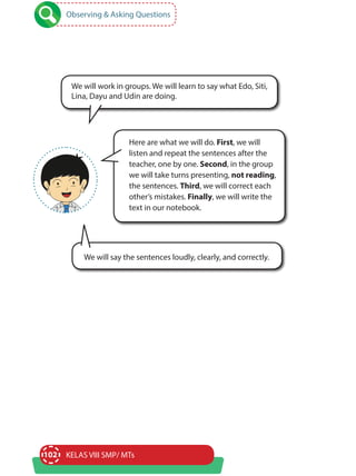 102 KELAS VIII SMP/ MTs
Observing & Asking Questions
Here are what we will do. First, we will
listen and repeat the sentences after the
teacher, one by one. Second, in the group
we will take turns presenting, not reading,
the sentences. Third, we will correct each
other’s mistakes. Finally, we will write the
text in our notebook.
We will work in groups. We will learn to say what Edo, Siti,
Lina, Dayu and Udin are doing.
We will say the sentences loudly, clearly, and correctly.
 