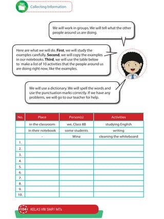 104 KELAS VIII SMP/ MTs
We will work in groups. We will tell what the other
people around us are doing.
Here are what we will do. First, we will study the
examples carefully. Second, we will copy the examples
in our notebooks. Third, we will use the table below
to make a list of 10 activities that the people around us
are doing right now, like the examples.
We will use a dictionary. We will spell the words and
use the punctuation marks correctly. If we have any
problems, we will go to our teacher for help.
No. Place Person(s) Activities
in the classroom we, Class 8B studying English
in their notebook some students writing
- Wina cleaning the whiteboard
1.
2.
3.
4.
5.
6.
7.
8.
9.
10.
Collecting Information
 