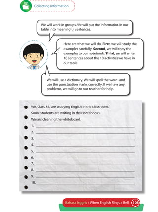 105Bahasa Inggris / When English Rings a Bell
We, Class 8B, are studying English in the classroom.
Some students are writing in their notebooks.
Wina is cleaning the whiteboard.
1.	______________________________________________________
2.	______________________________________________________
3.	______________________________________________________
4.	______________________________________________________
5.	______________________________________________________
6.	______________________________________________________
7.	______________________________________________________
8.	______________________________________________________
9.	______________________________________________________
10.	______________________________________________________
Collecting Information
Here are what we will do. First, we will study the
examples carefully. Second, we will copy the
examples to our notebook. Third, we will write
10 sentences about the 10 activities we have in
our table.
We will work in groups. We will put the information in our
table into meaningful sentences.
We will use a dictionary. We will spell the words and
use the punctuation marks correctly. If we have any
problems, we will go to our teacher for help.
 