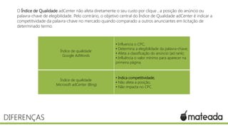 DIFERENÇAS
Índice de qualidade
Google AdWords
• Influencia o CPC;
• Determina a elegibilidade da palavra-chave;
• Afeta a classificação do anúncio (ad rank);
• Influência o valor mínimo para aparecer na
primeira página.
Índice de qualidade
Microsoft adCenter (Bing)
• Indica competitividade;
• Não afeta a posição;
• Não impacta no CPC.
O Índice de Qualidade adCenter não afeta diretamente o seu custo por clique , a posição do anúncio ou
palavra-chave de elegibilidade. Pelo contrário, o objetivo central do Índice de Qualidade adCenter é indicar a
competitividade da palavra-chave no mercado quando comparado a outros anunciantes em licitação de
determinado termo.
 