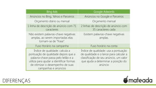 DIFERENÇAS
Bing Ads Google Adwords
Anúncios no Bing, Yahoo e Parceiros Anúncios no Google e Parceiros
Orçamento diário ou mensal Orçamento mensal
1 linha de descrição de anúncio com 71
caracteres
2 linhas de descrição de anúncio com
35 caracteres cada
Não existem palavras-chave negativas
amplas, ao serem importadas elas
tornam-se de “frase”.
Existem palavras-chave negativas
amplas.
Fuso Horário na campanha Fuso horário na conta
Índice de qualidade: calcula a
pontuação de qualidade depois que a
palavra-chave passa pelo leilão e a
utiliza para ajudar a identificar formas
de otimizar o desempenho de suas
campanhas e anúncios
Índice de qualidade: usa a pontuação
de qualidade e o lance para calcular a
classificação de seu anúncio, um valor
que ajuda a determinar a posição do
anúncio
 