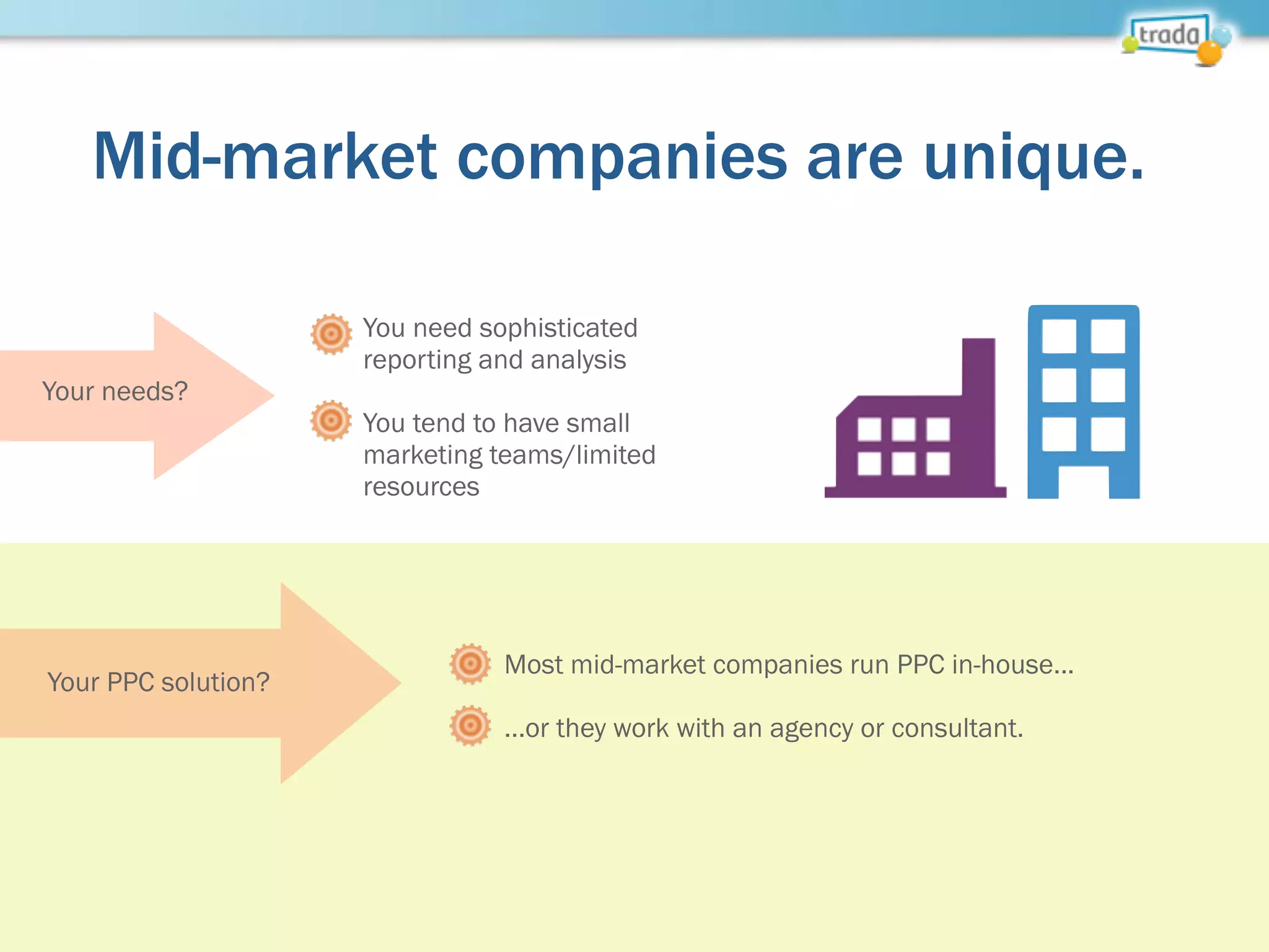 Mid-market companies are unique.
You need sophisticated
reporting and analysis
You tend to have small
marketing teams/limited
resources
Most mid-market companies run PPC in-house...
...or they work with an agency or consultant.
Your needs?
Your PPC solution?
 