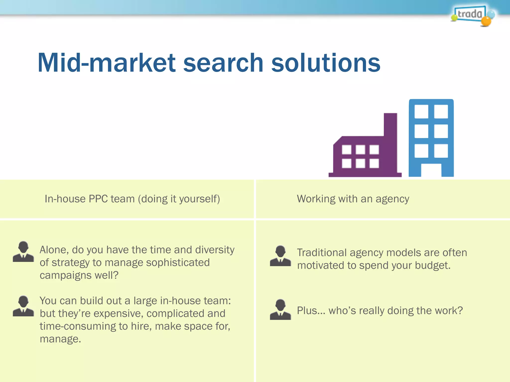 Alone, do you have the time and diversity
of strategy to manage sophisticated
campaigns well?
You can build out a large in-house team:
but they’re expensive, complicated and
time-consuming to hire, make space for,
manage.
Traditional agency models are often
motivated to spend your budget.
Plus... who’s really doing the work?
Mid-market search solutions
In-house PPC team (doing it yourself) Working with an agency
 