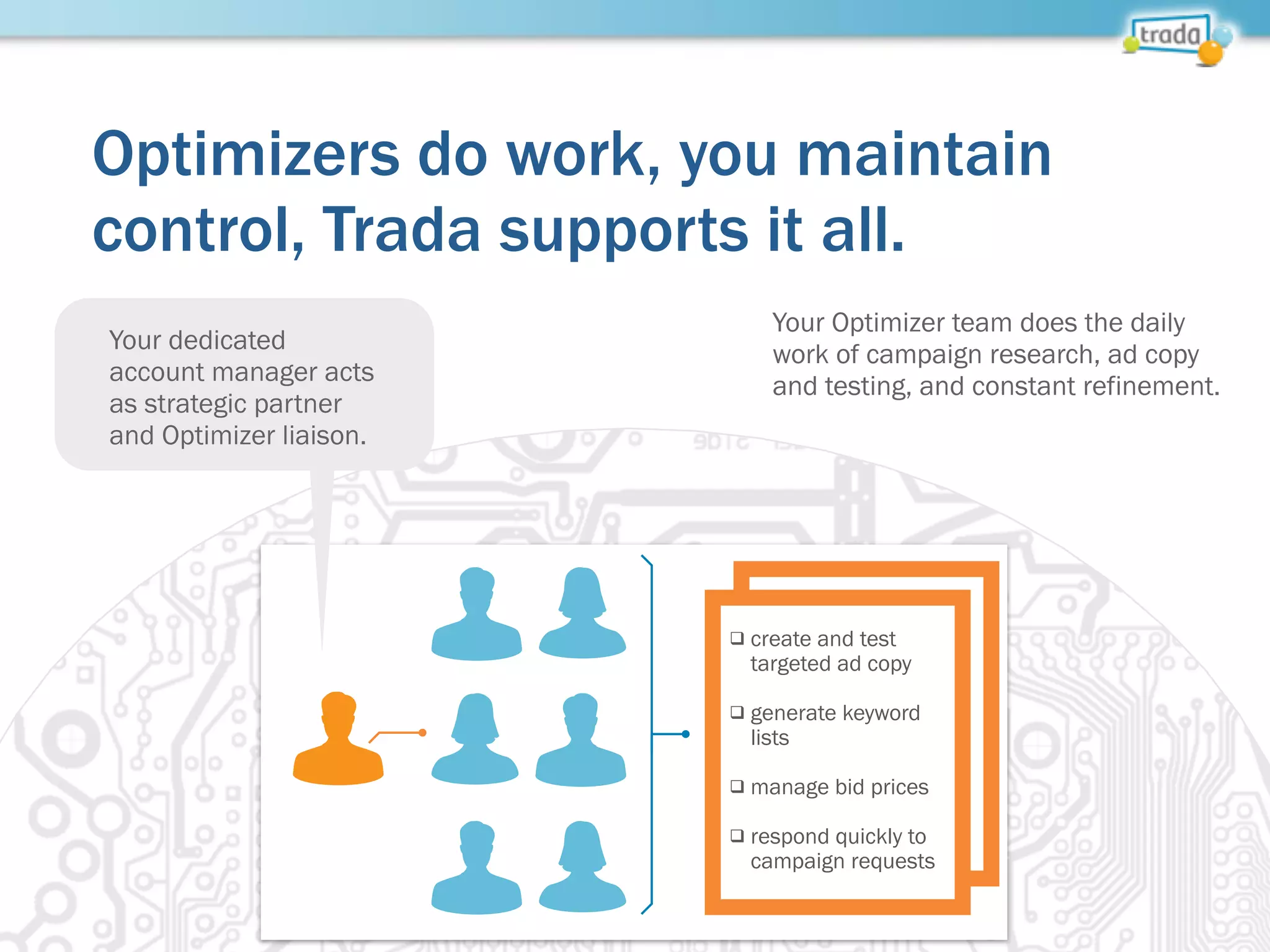 Optimizers do work, you maintain
control, Trada supports it all.
create and test
targeted ad copy
generate keyword
lists
manage bid prices
respond quickly to
campaign requests
! 
! 
! 
! 
Your dedicated
account manager acts
as strategic partner
and Optimizer liaison.
Your Optimizer team does the daily
work of campaign research, ad copy
and testing, and constant refinement.
 