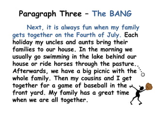 Paragraph Three – The BANG
     Next, it is always fun when my family
gets together on the Fourth of July. Each
holiday my uncles and aunts bring their
families to our house. In the morning we
usually go swimming in the lake behind our
house or ride horses through the pasture.
Afterwards, we have a big picnic with the
whole family. Then my cousins and I get
together for a game of baseball in the
front yard. My family has a great time
when we are all together.
 