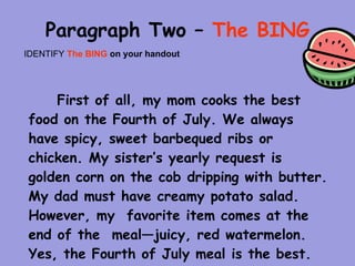 Paragraph Two – The BING
IDENTIFY The BING on your handout




    First of all, my mom cooks the best
food on the Fourth of July. We always
have spicy, sweet barbequed ribs or
chicken. My sister’s yearly request is
golden corn on the cob dripping with butter.
My dad must have creamy potato salad.
However, my favorite item comes at the
end of the meal—juicy, red watermelon.
Yes, the Fourth of July meal is the best.
 