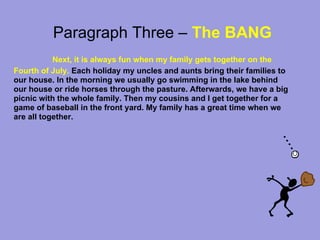 Paragraph Three – The BANG
           Next, it is always fun when my family gets together on the
Fourth of July. Each holiday my uncles and aunts bring their families to
our house. In the morning we usually go swimming in the lake behind
our house or ride horses through the pasture. Afterwards, we have a big
picnic with the whole family. Then my cousins and I get together for a
game of baseball in the front yard. My family has a great time when we
are all together.
 
