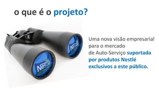 o que é o projeto?

                     Uma nova visão empresarial
                     para o mercado
                     de Auto-Serviço suportada
                     por produtos Nestlé
                     exclusivos a este público.
 